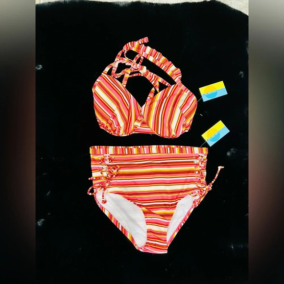 Island Rays NWT Ladies 1X Two Piece Bikini Set Striped Swimsuit Padded Top - Picture 3 of 16